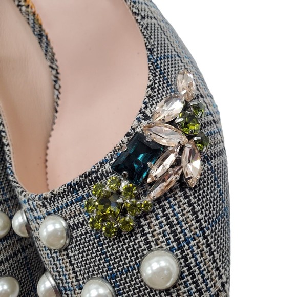 J Crew Celia Pumps Jeweled Glen Plaid Block Heel Plaid Rhinestone Pearl 9.5 - Picture 9 of 13